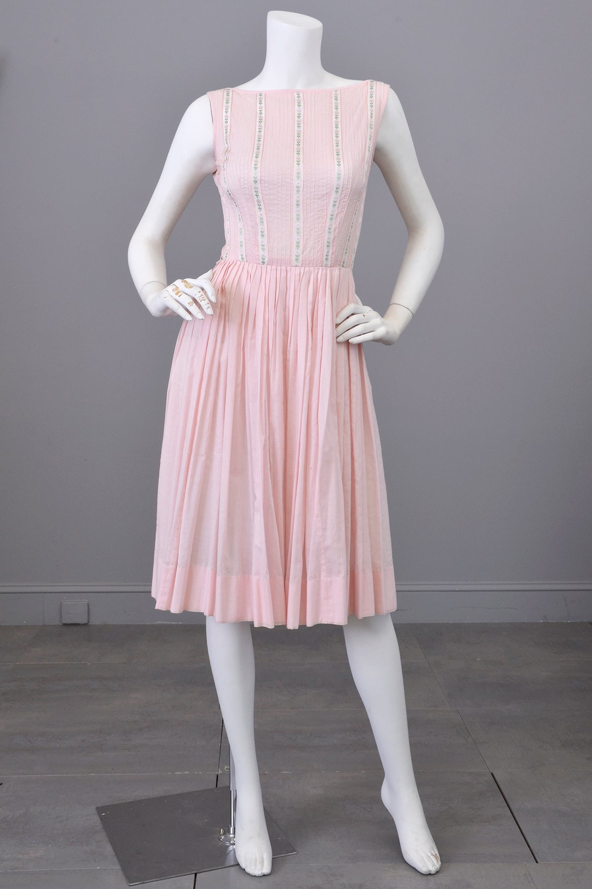 1950s 60s Pale Pink Ribbon Trim Summer Dress XXS