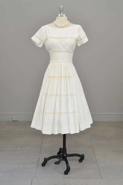 1950s 60s White Eyelet Fit and Flare Wedding Party Dress | Vintage Wedding