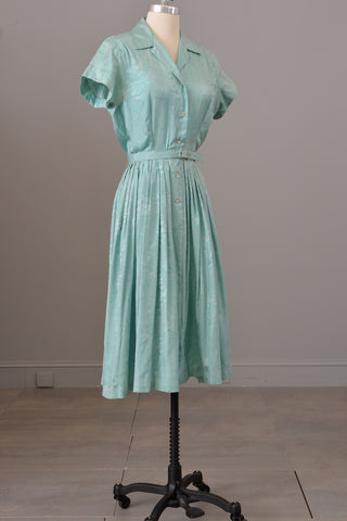 1950s Aqua Blue Jacquard Fit and Flare Shirtwaist Dress