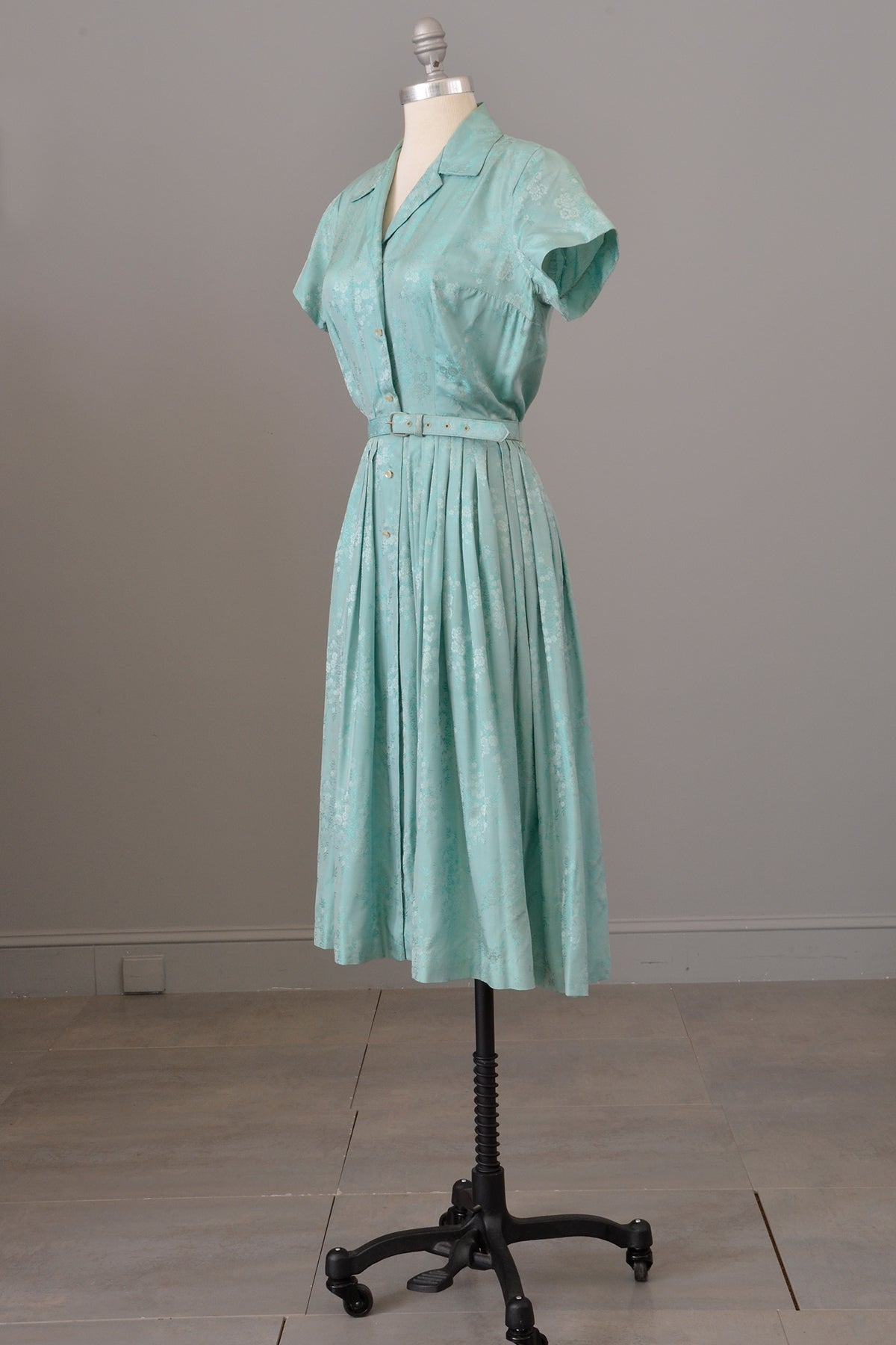1950s Aqua Blue Jacquard Fit and Flare Shirtwaist Dress