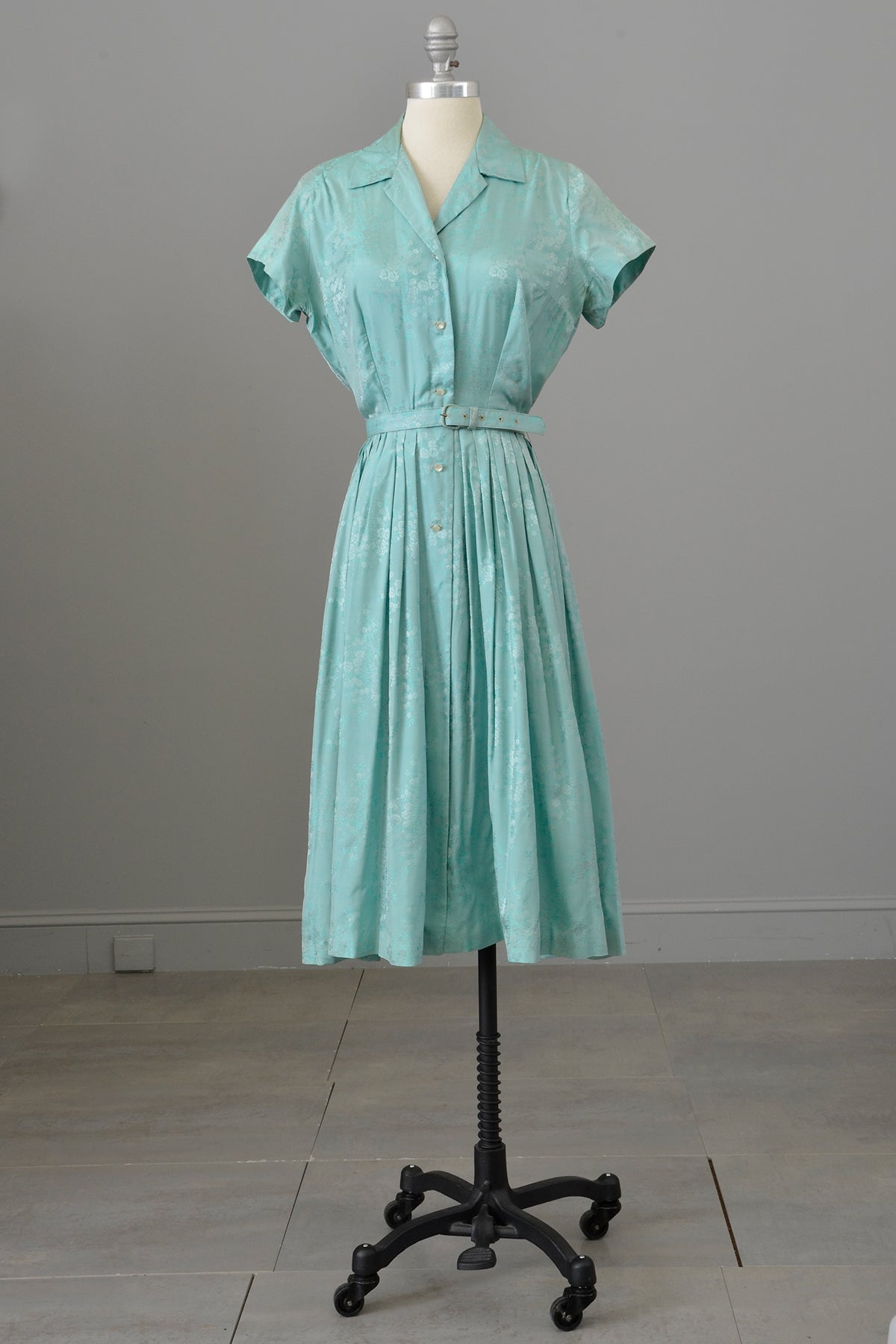 1950s Aqua Blue Jacquard Fit and Flare Shirtwaist Dress 1950s Aqua Blue Jacquard Fit and Flare Shirtwaist Dress