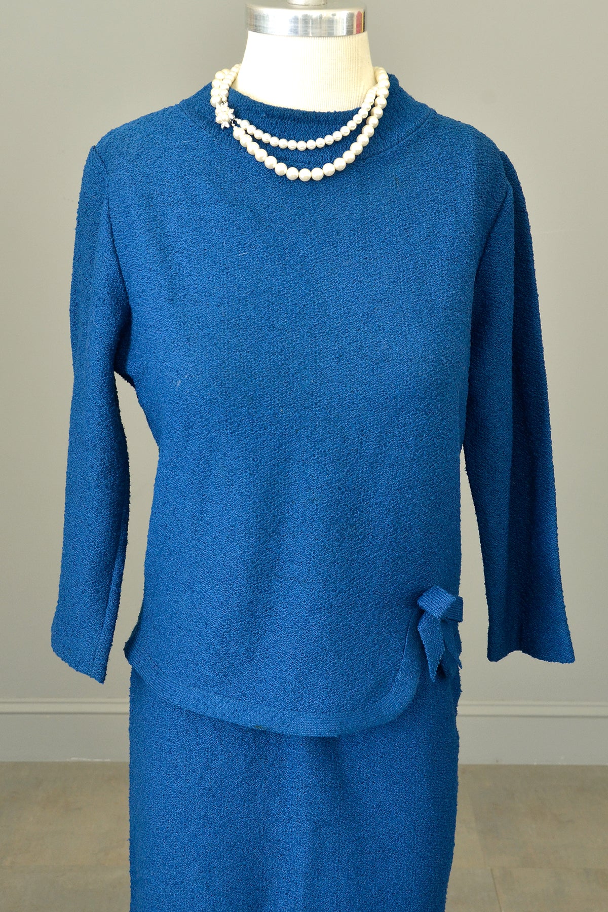 1950s Blue Textured Knit Top Sweater Skirt Set