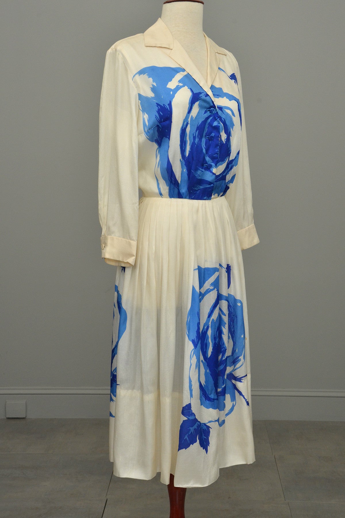 RESERVED Vintage 1950's Blue White Cabbage Rose Print Silk Dress
