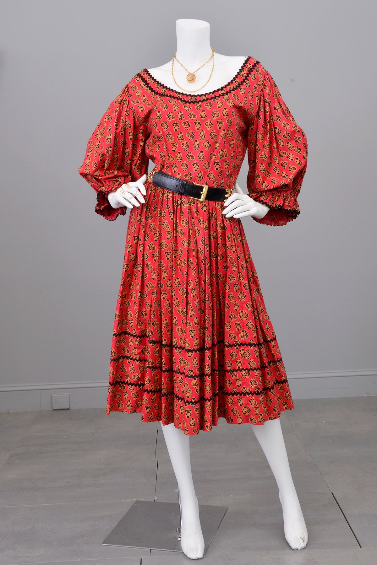 red peasant dress 1950s Folklore Peasant Dress with Huge Poet Sleeves and Figural Novelt