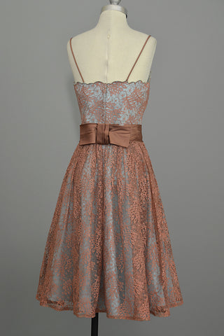 1950's 60's Vintage Lace Prom Party Dress Terra Cotta Lace over Aqua Taffeta