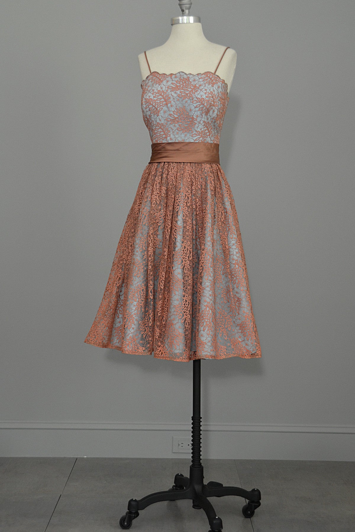 1950's 60's Vintage Lace Prom Party Dress Terra Cotta Lace over Aqua Taffeta