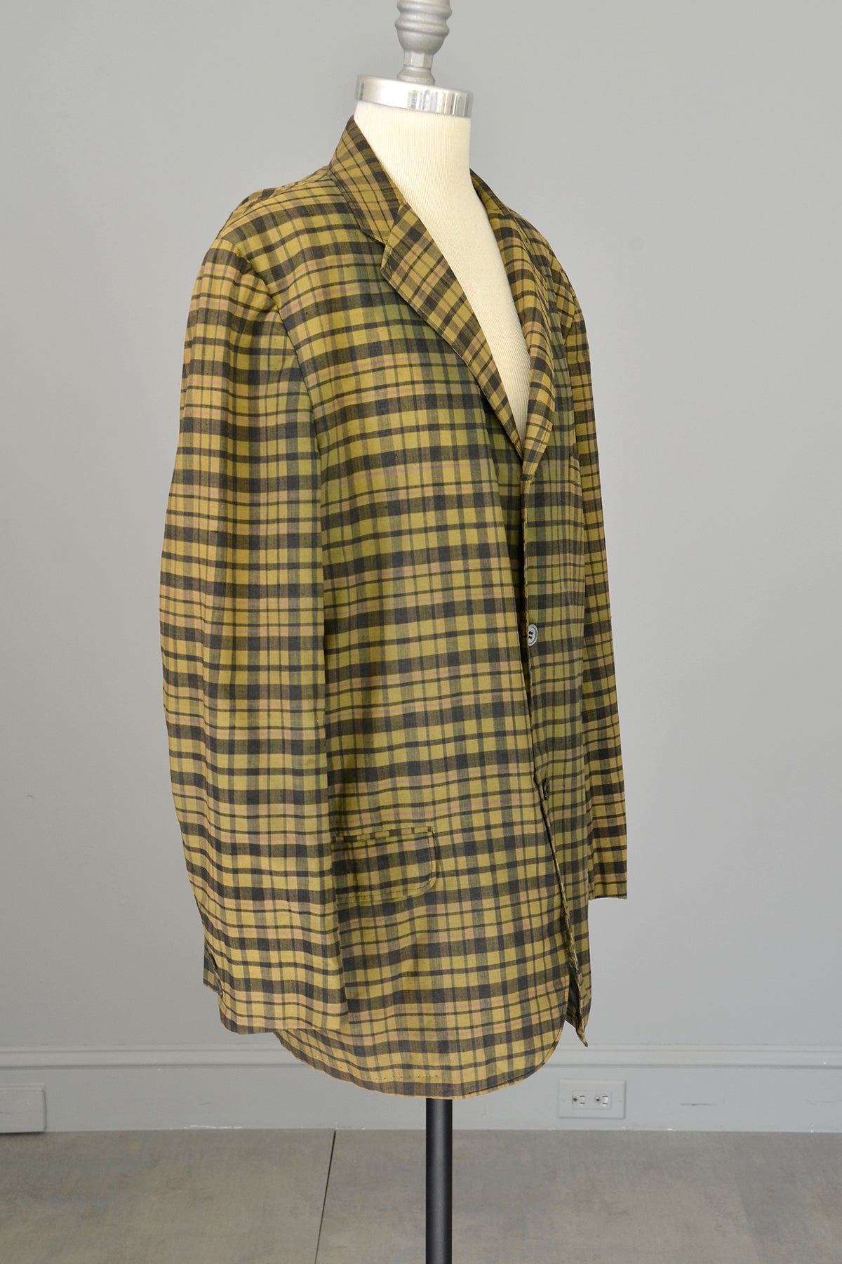 1950s Men's Olive Green Charcoal Grey Plaid Blazer Jacket Coat