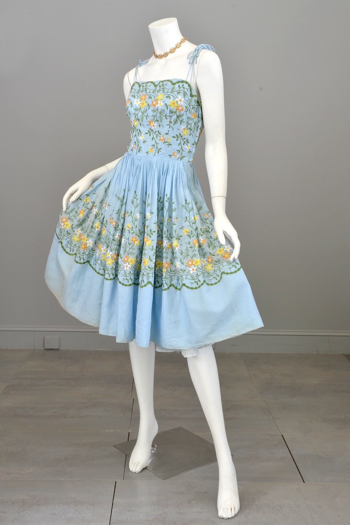 1950s Pale Sky Blue Embroidered Patio Dress | 1950s Party Dress | 1950s Embroidered Patio Dress