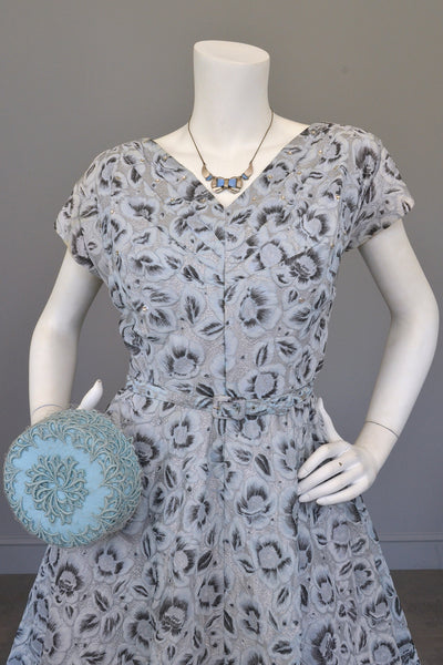 1950s Powder Blue with Rhinestone Bodice Vintage Party Dress Novelty Floral Print, Medium