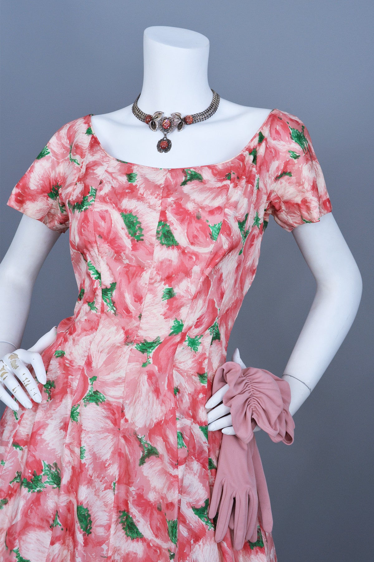 1950s Pink Retro Rose Print Silk Vintage Party Dress