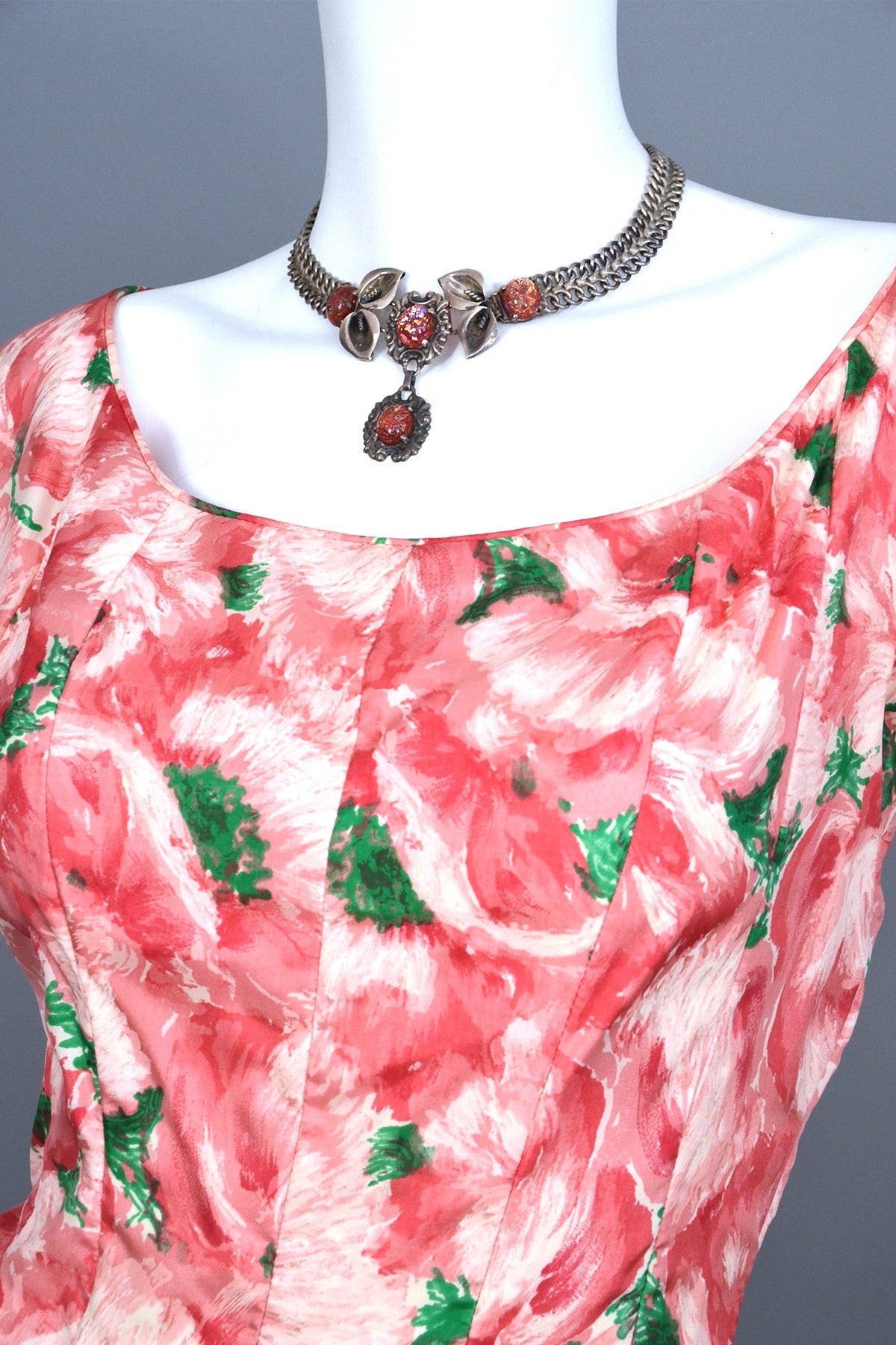 1950s Pink Retro Rose Print Silk Vintage Party Dress