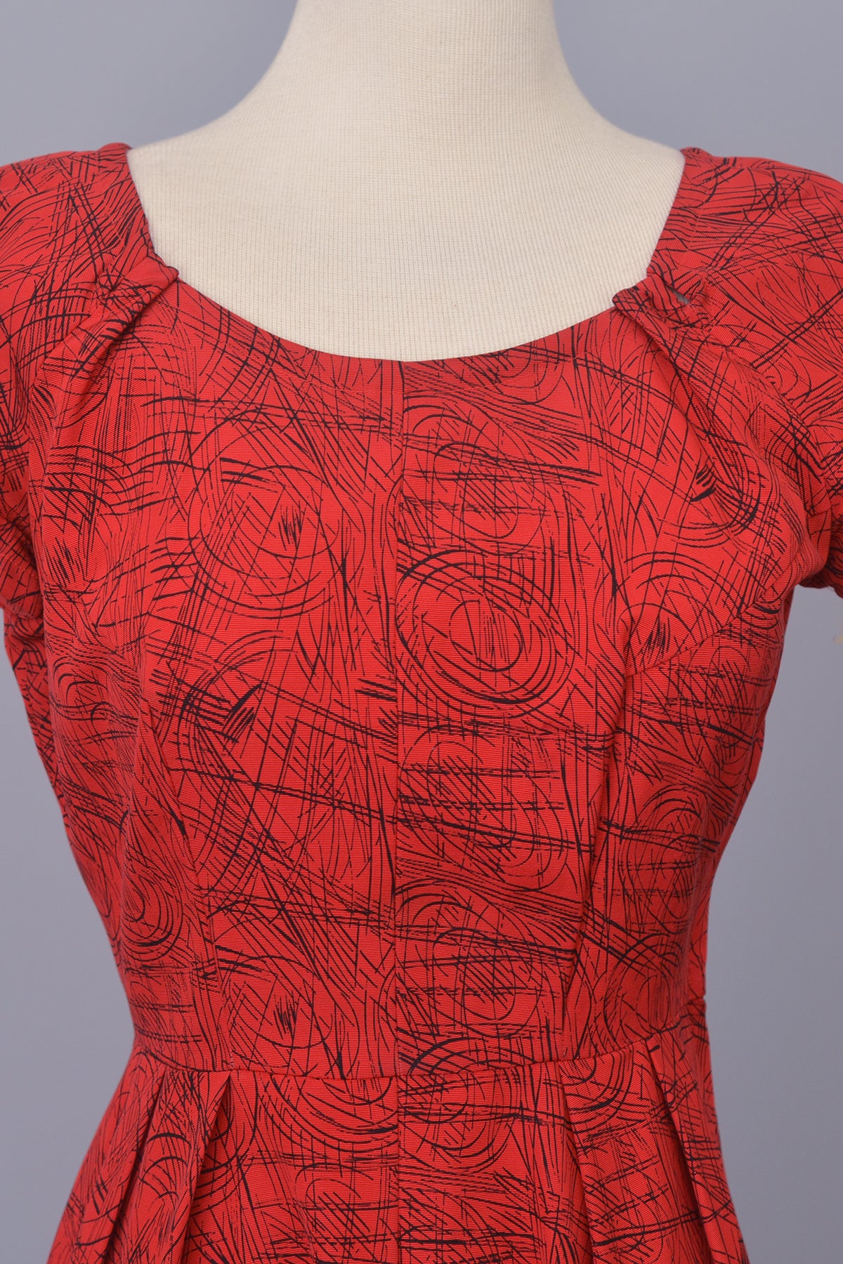 1950s Red with Black Atomic Sketch Print Dress