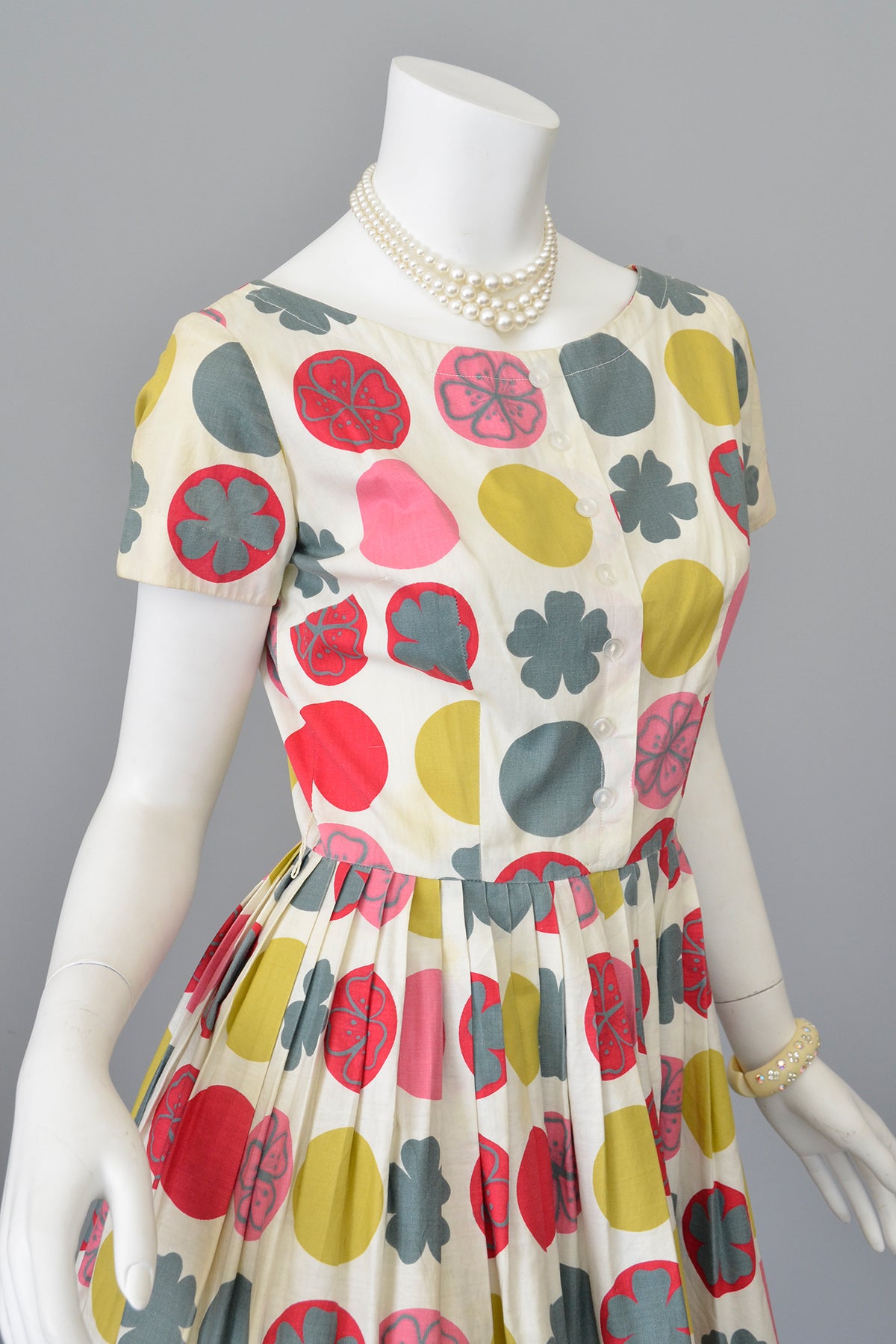 1950s Retro Novelty Print Dots Clovers Flowers 50s Dress