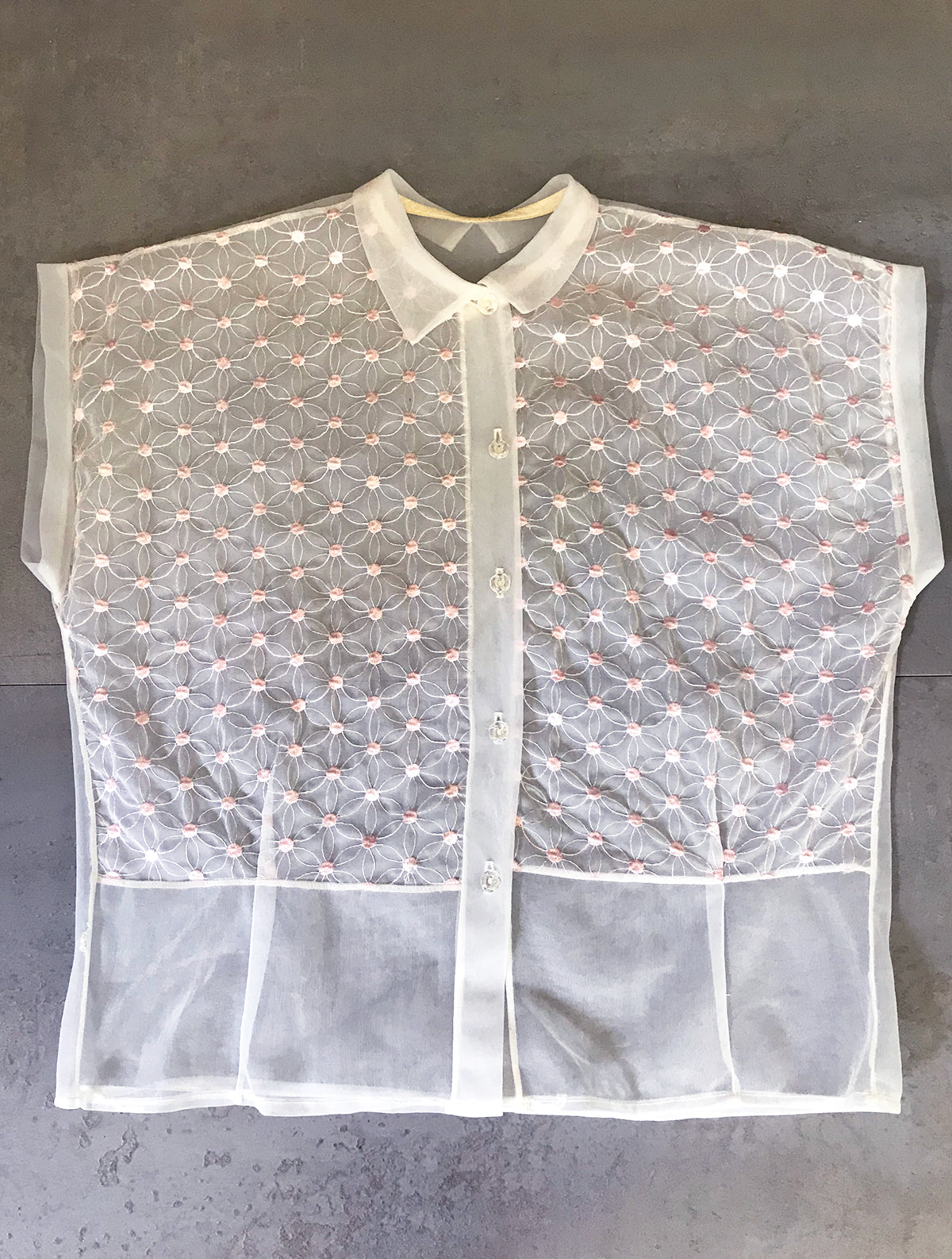 1950s Sheer White Nylon Blouse w Pink Embroidered Flower Dots