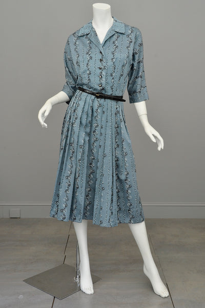 1950s Slate Blue Atomic Print Dress