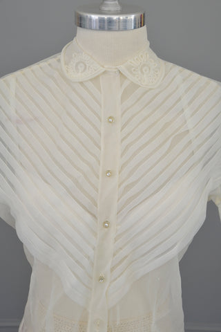 1950s White Sheer Nylon Pleated Blouse
