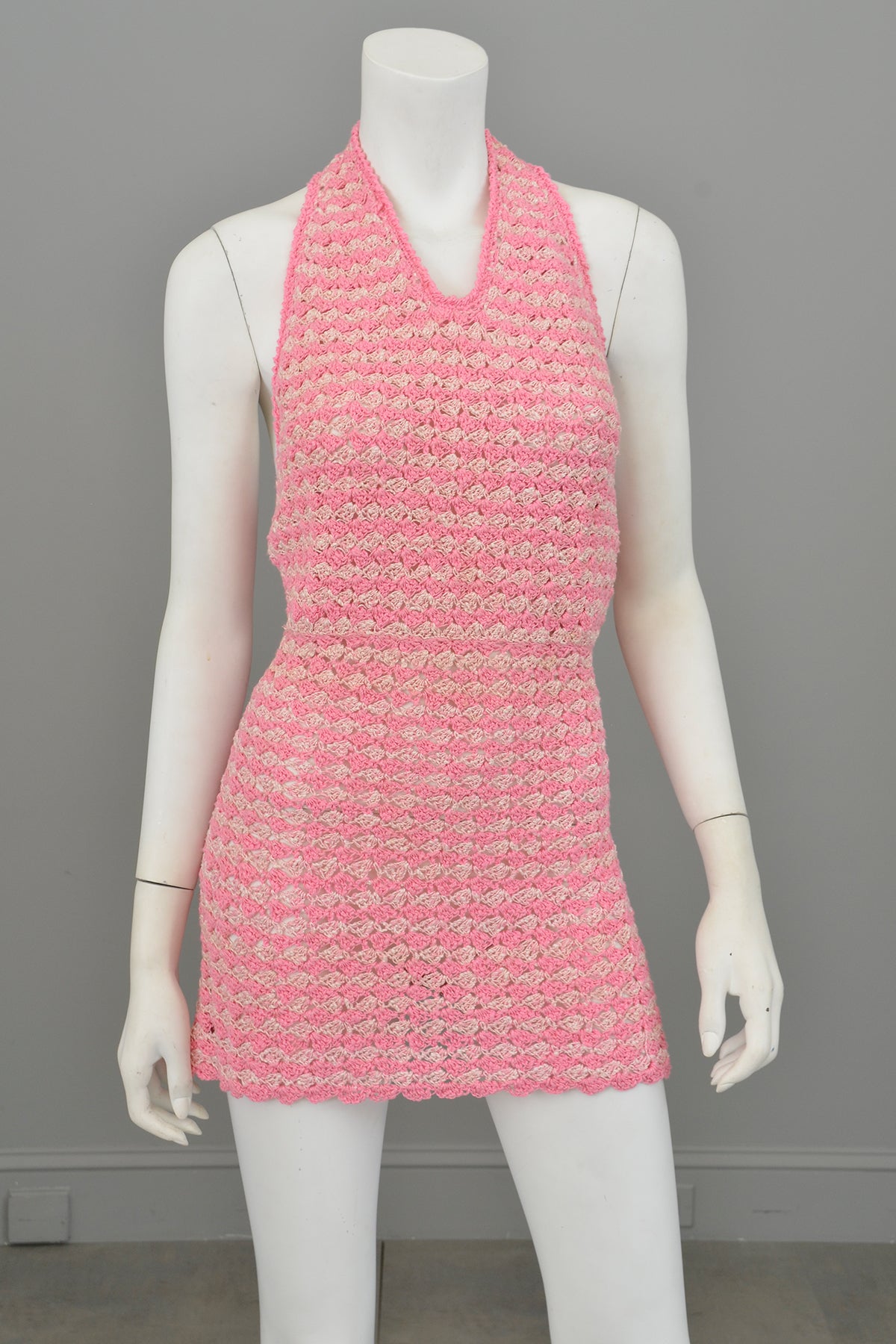 1960s Hand Crochet Halter Micro Mini Disco Dress | Go Go Dress | XXS