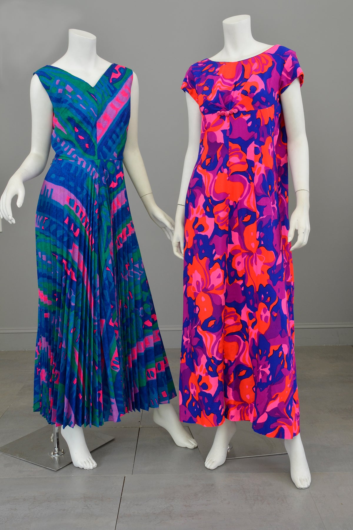 1960s 70s Bright Neon Pink Purple Babydoll Maxi Dress with Draped Back | Hawaiian Dress