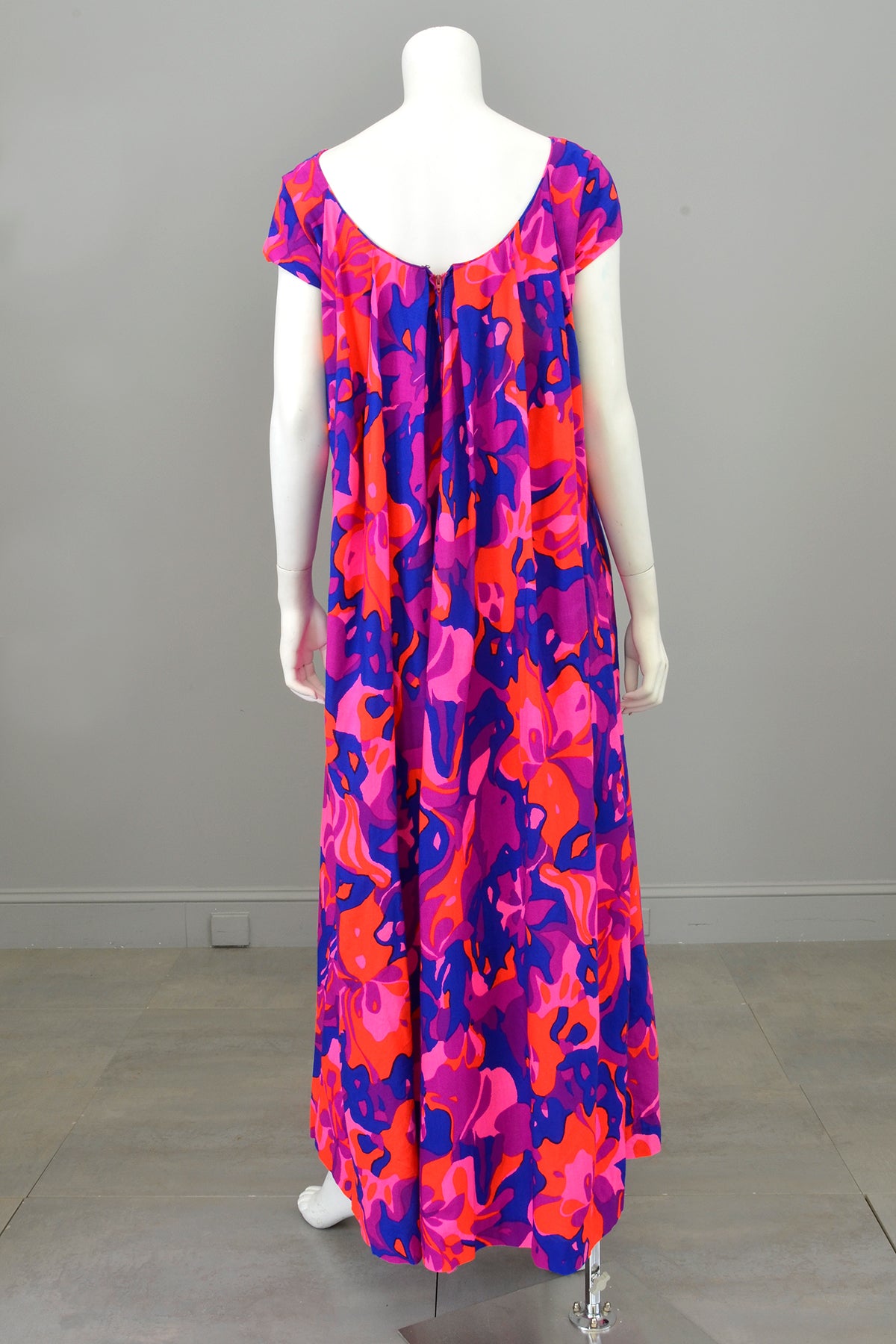 1960s 70s Bright Neon Pink Purple Babydoll Maxi Dress with Draped Back | VintageVirtuosa 1960s 70s Bright Neon Pink Purple Babydoll Maxi Dress with Draped Back | VintageVirtuosa