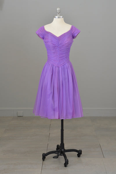 1960s 70s Vibrant Purple Ruched Party Dress