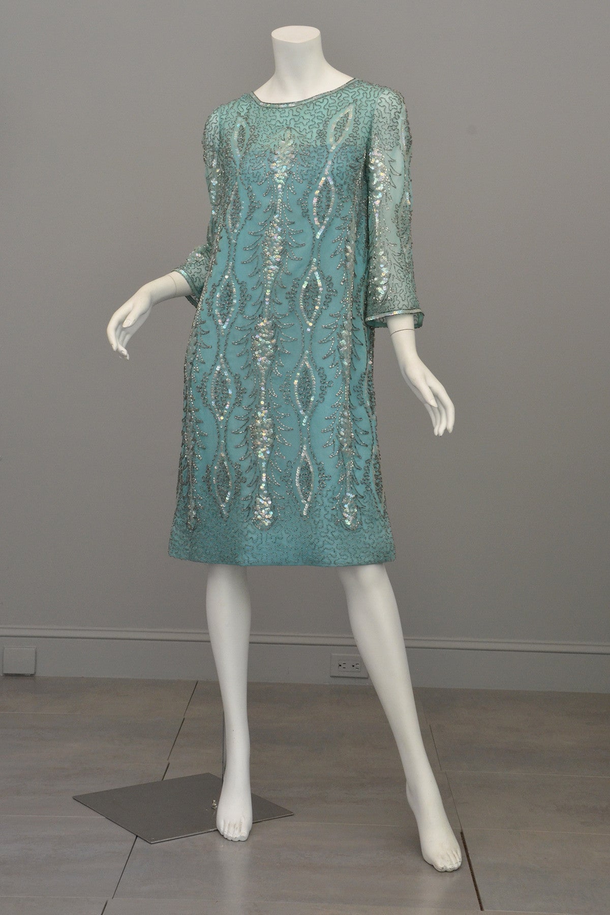 1960s Aqua Beaded Sequins MOD Party Dress | VintageVirtuosa 1960s Aqua Beaded Sequins MOD Party Dress | VintageVirtuosa