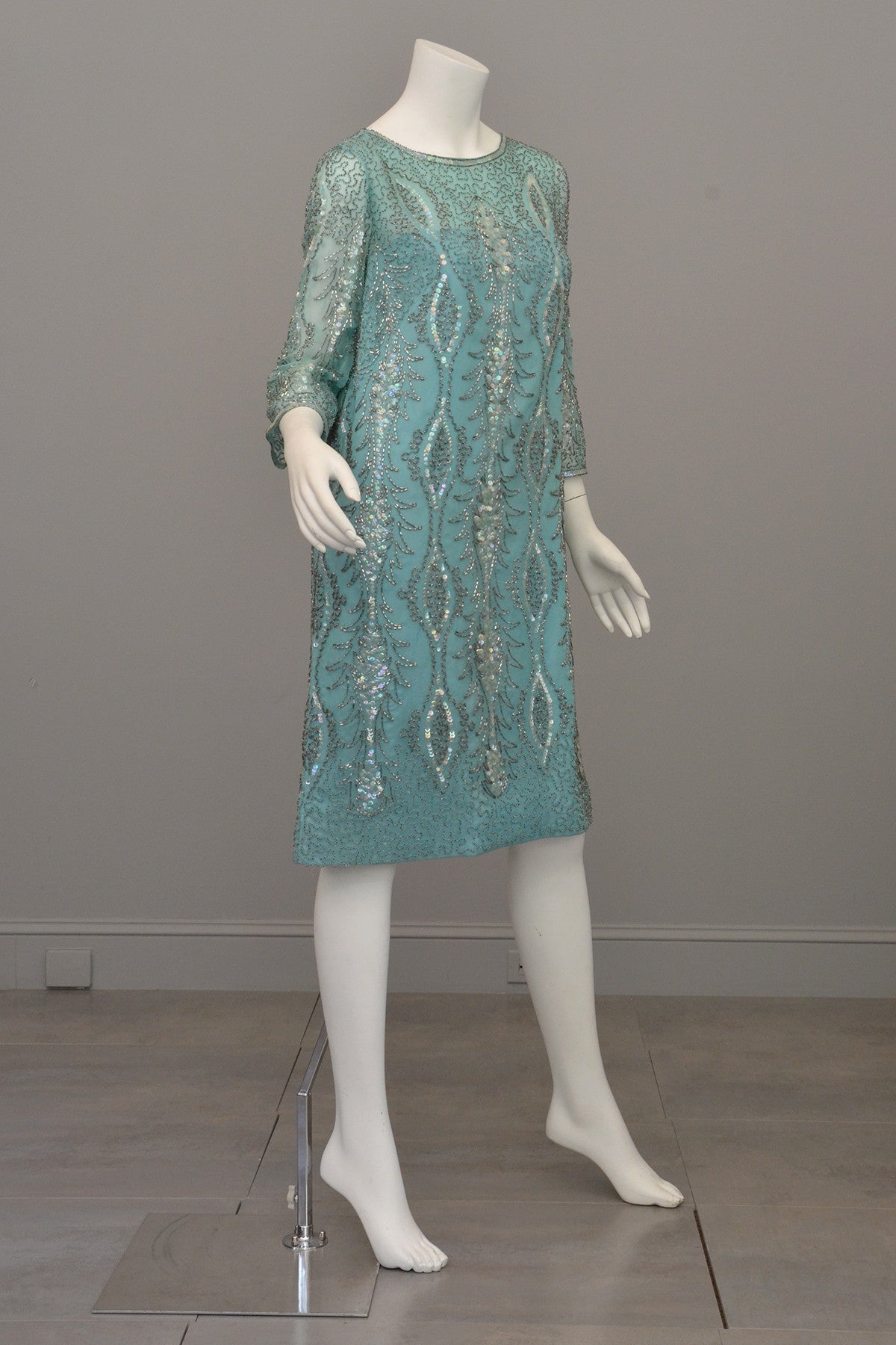 1960s Aqua Beaded Sequins MOD Party Dress
