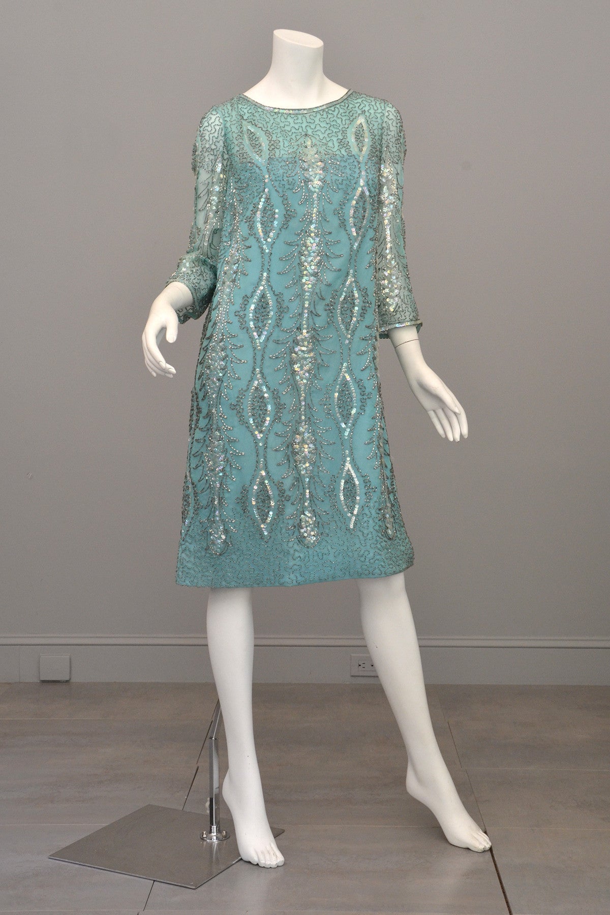 1960s Aqua Beaded Sequins MOD Party Dress
