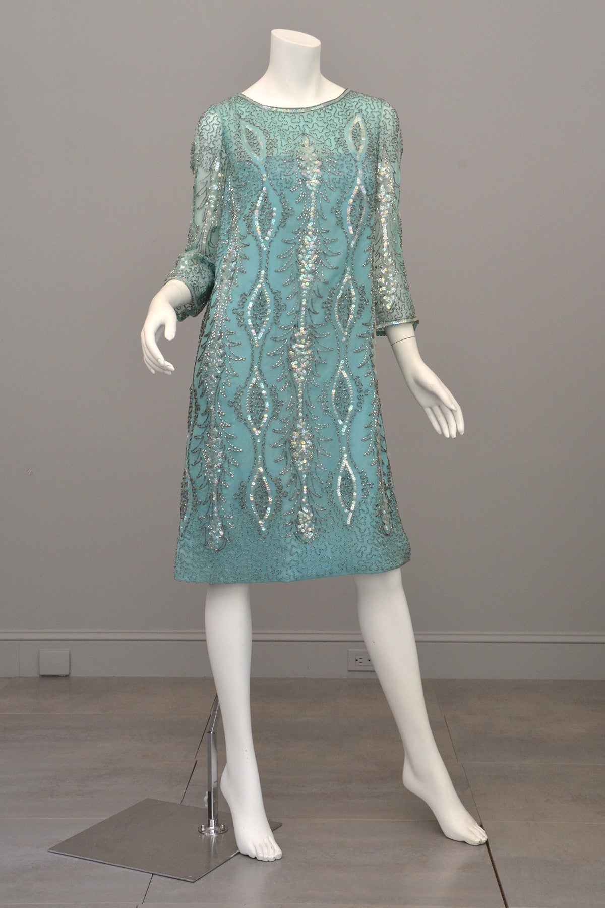 1960s Aqua Beaded Sequins MOD Party Dress | VintageVirtuosa 1960s Aqua Beaded Sequins MOD Party Dress | VintageVirtuosa