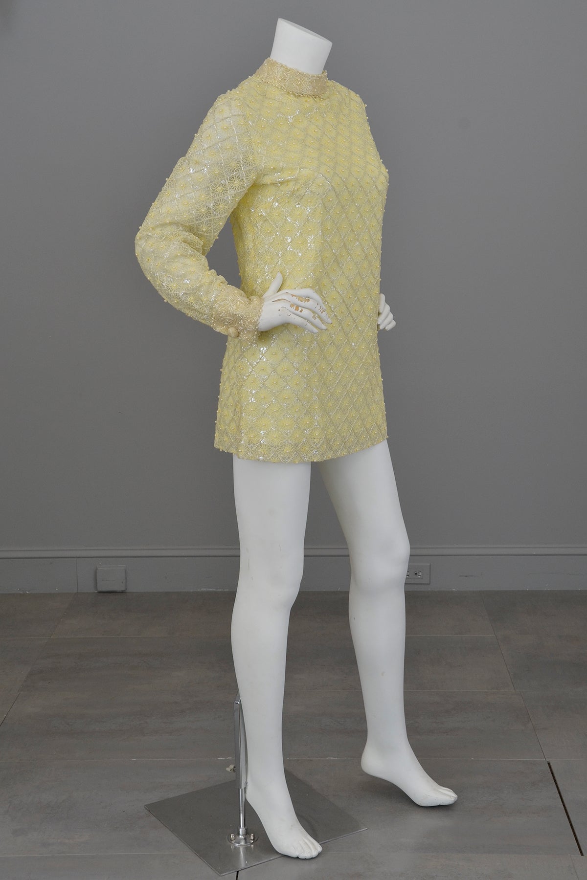 1960s Pale Yellow Beaded Micro Mini Go Go Dress Tunic | Twiggy Dress