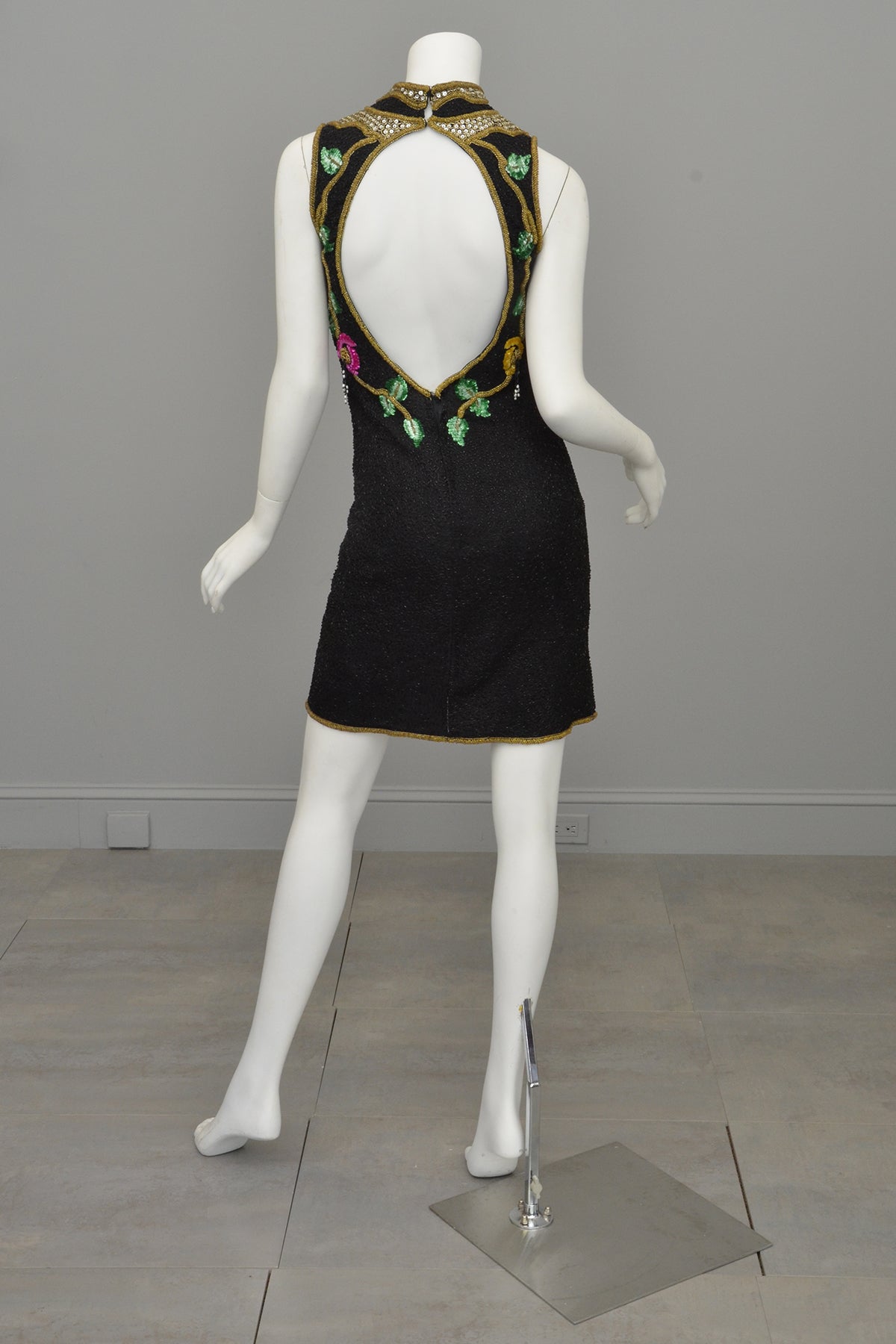 1960s Black Sequin 3D Beaded Tassels Keyhole Mini Party Dress