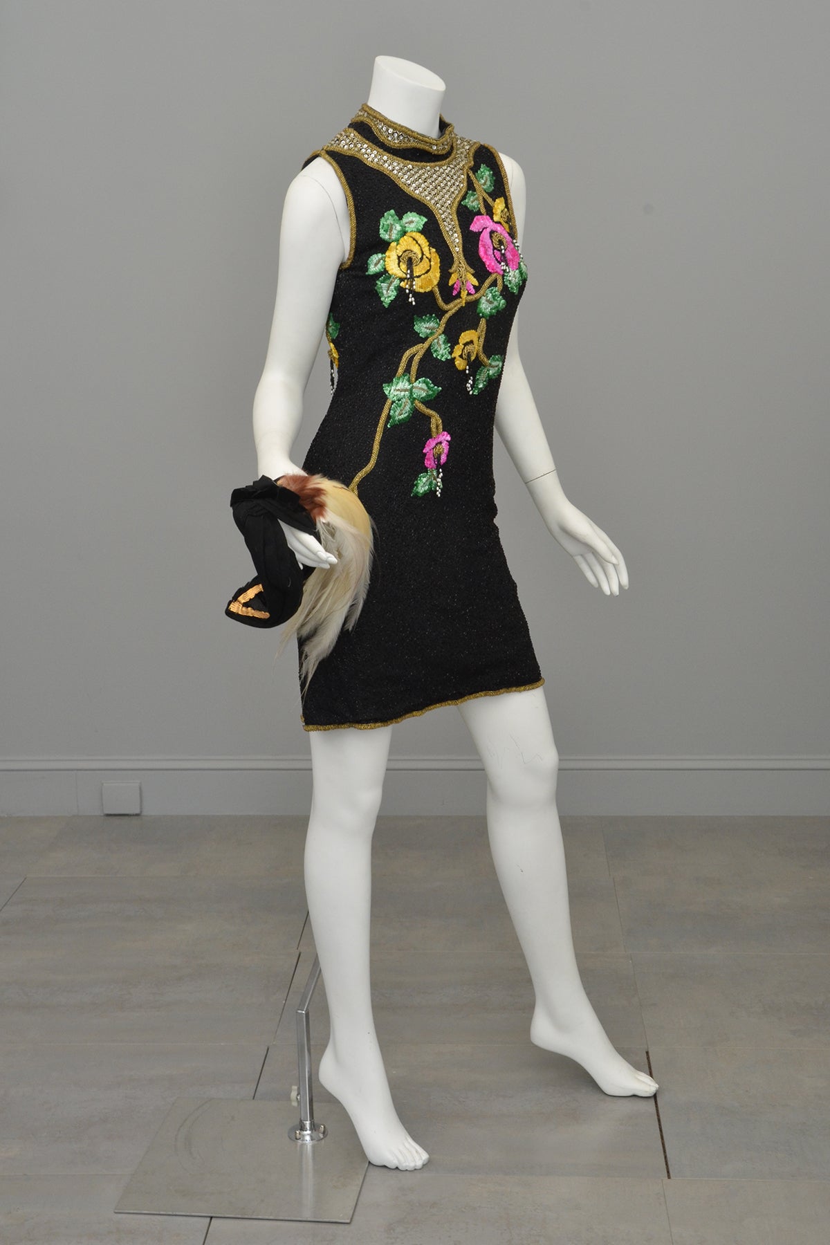 1960s Black Sequin 3D Beaded Tassels Keyhole Mini Party Dress