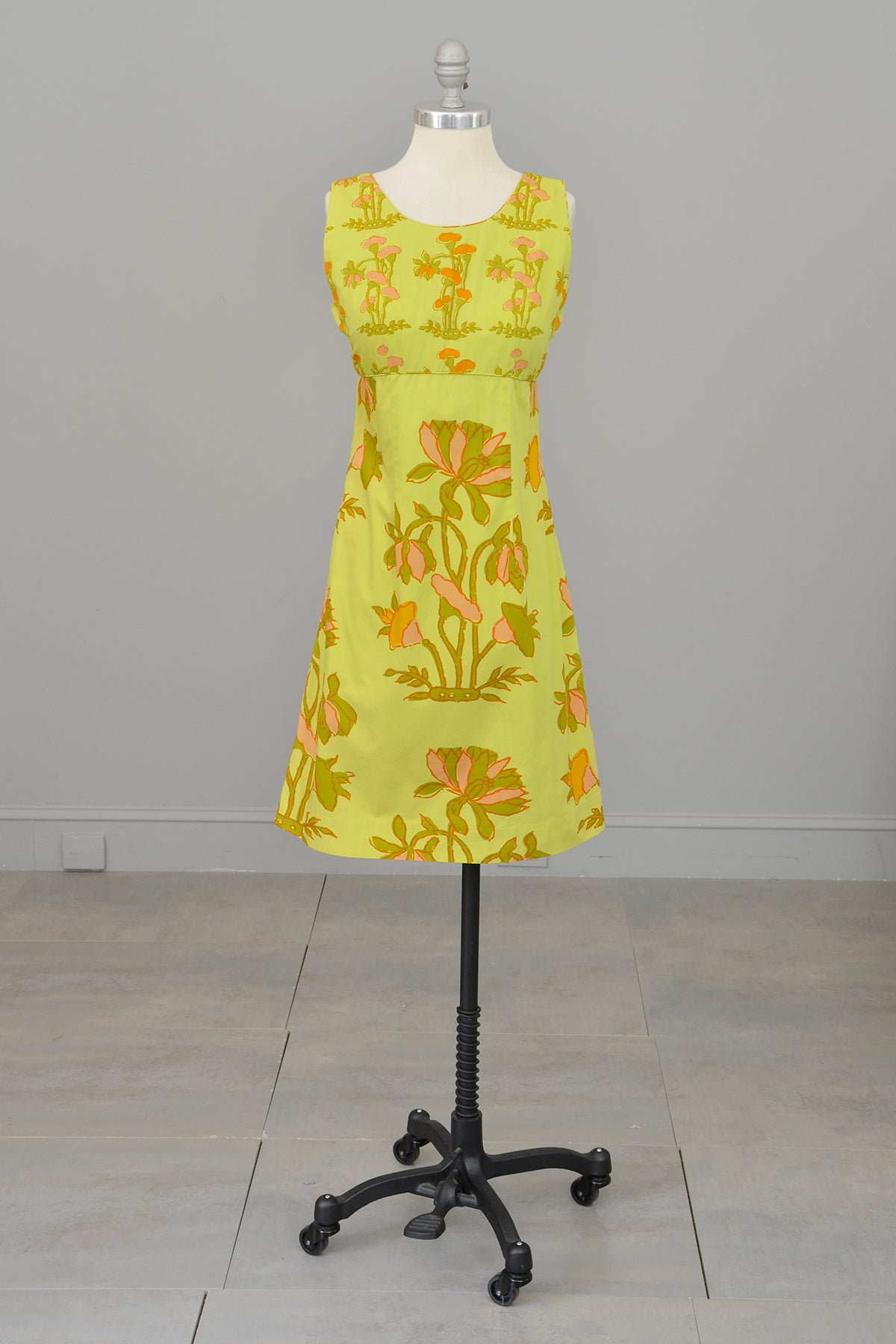 1960s Chartreuse Op Art Tropical Floral Print A-Line Mini Dress and Quilted Cropped Vest | Design Thai Bangkok | 1960s Mini Dress
