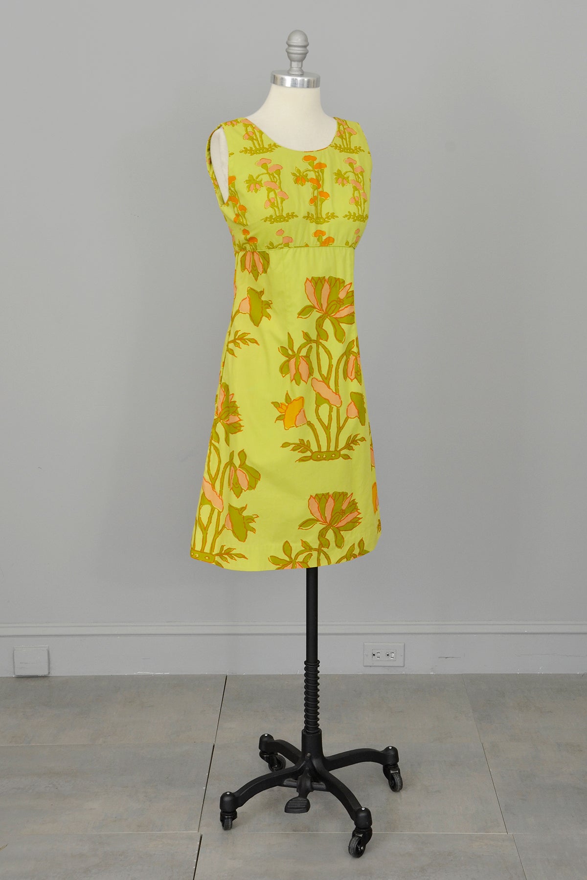 1960s Chartreuse Op Art Tropical Floral Print A-Line Mini Dress and Quilted Cropped Vest | Design Thai Bangkok | 1960s Mini Dress