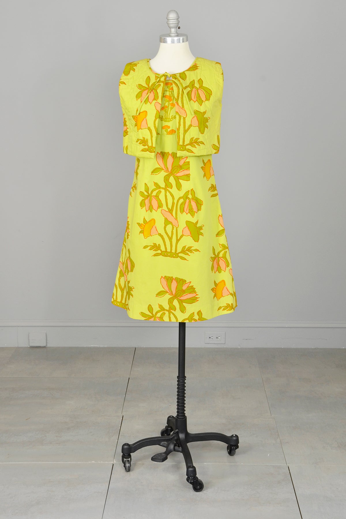 1960s Chartreuse Op Art Tropical Floral Print A-Line Mini Dress and Quilted Cropped Vest | Design Thai Bangkok | 1960s Mini Dress 1960s Chartreuse Op Art Tropical Floral Print A-Line Mini Dress and Quilted Cropped Vest | Design Thai Bangkok | 1960s Mini Dress