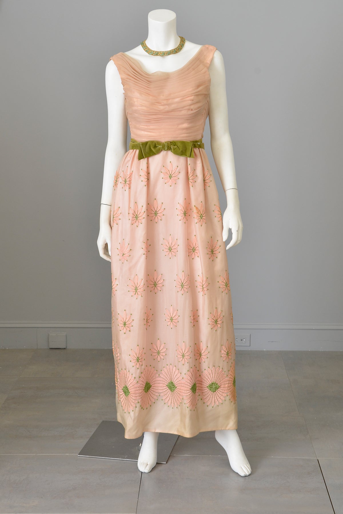 1960s Dusty Peach Pink Embroidered Ruched Gown | Vintage Bridesmaid or Prom Dress | XXS