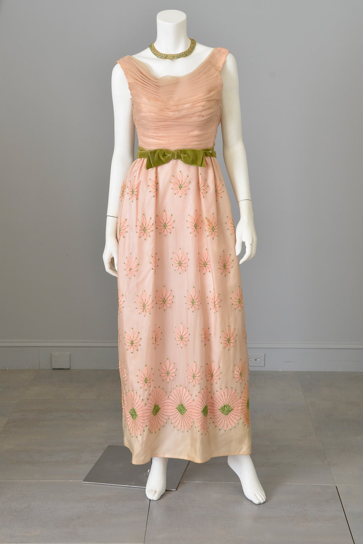 1960s Dusty Peach Pink Embroidered Ruched Gown | Vintage Bridesmaid or Prom Dress | XXS 1960s Dusty Peach Pink Embroidered Ruched Gown | Vintage Bridesmaid or Prom Dress | XXS