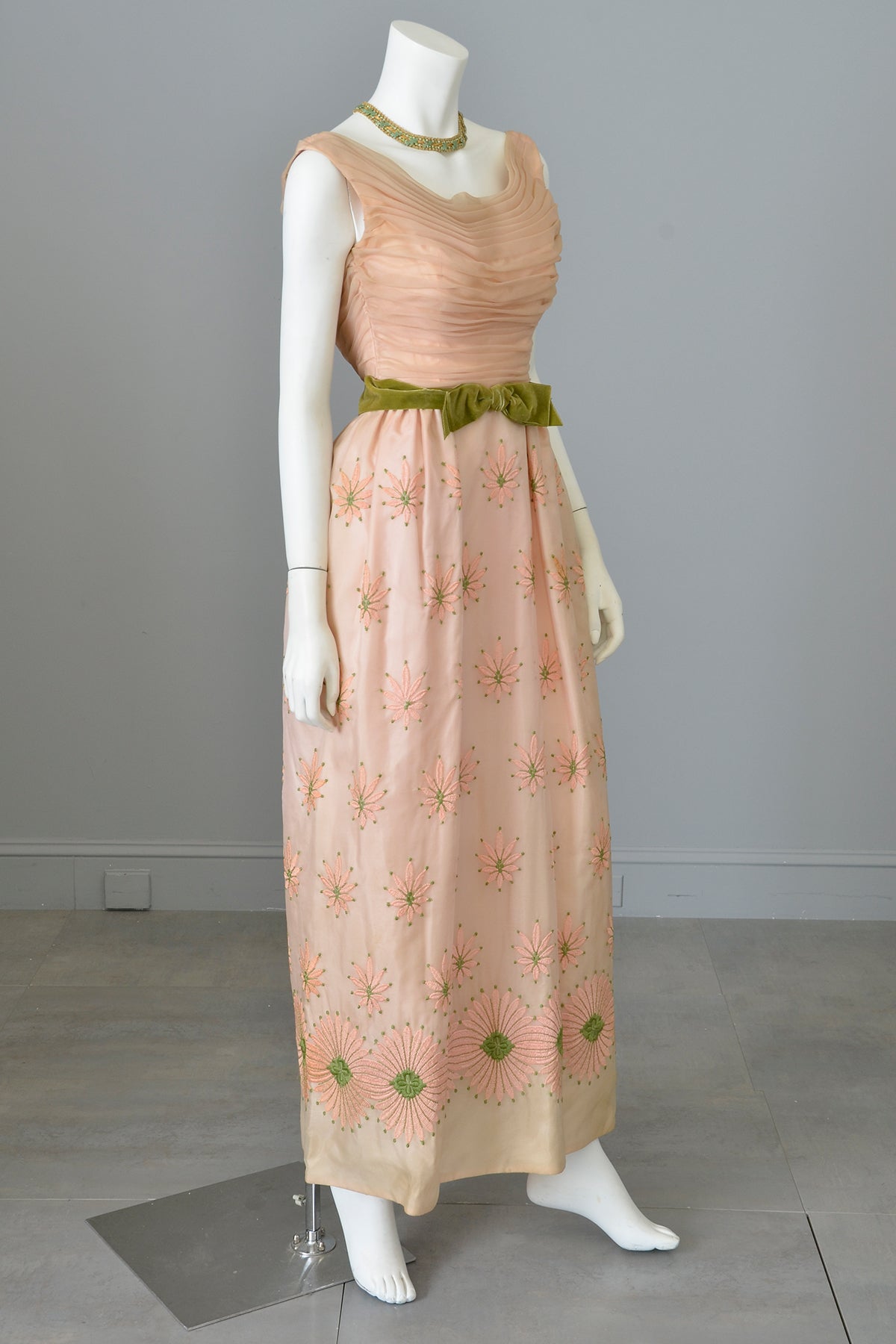 1960s Dusty Peach Pink Embroidered Ruched Gown | Vintage Bridesmaid or