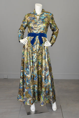 1960s Blue with Gold Metallic Lamé Paisley Print Vintage Gown