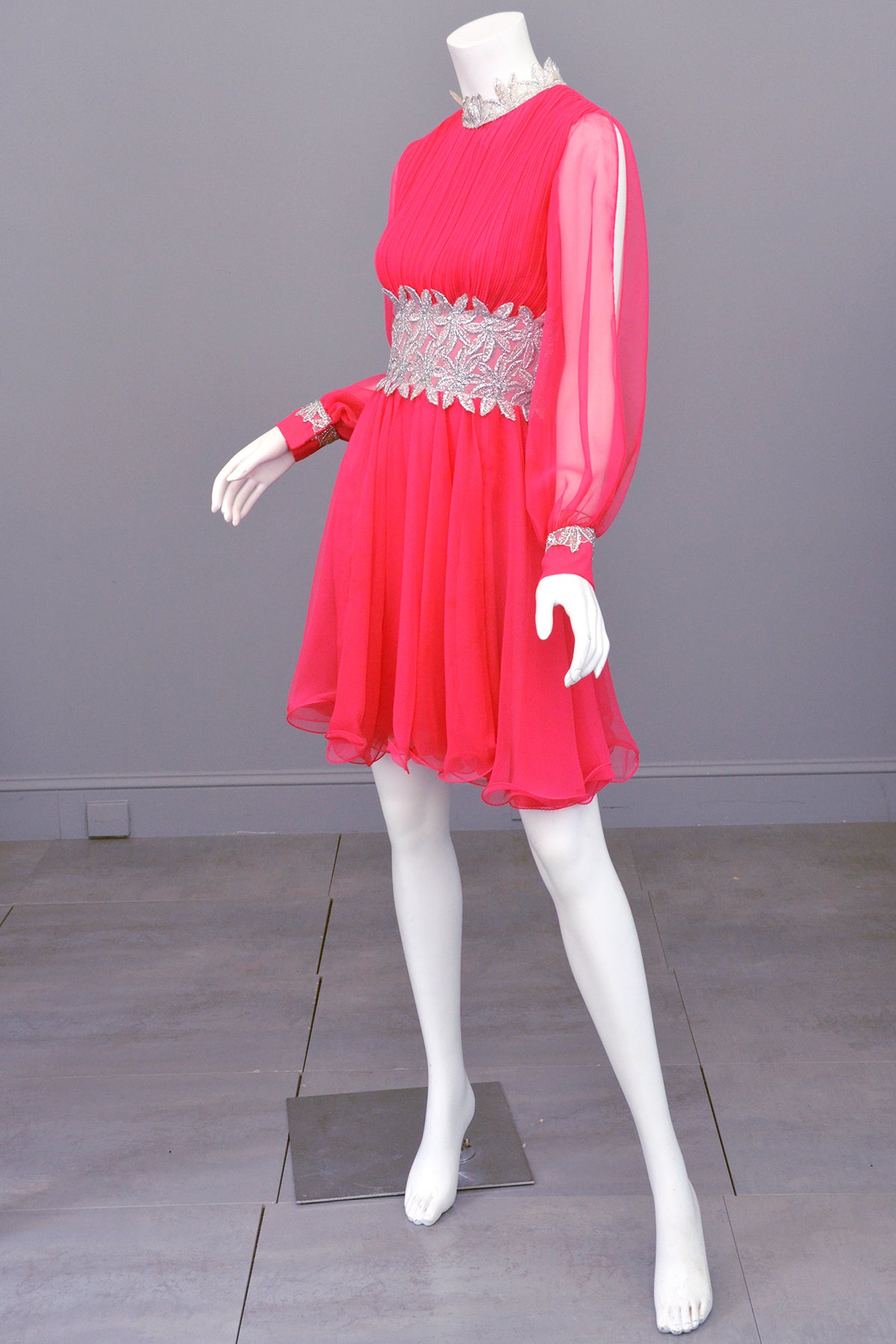women's dark pink disco dress 1960s Hot Pink Chiffon Party Dress with Silver Lamé Waistline | Disco