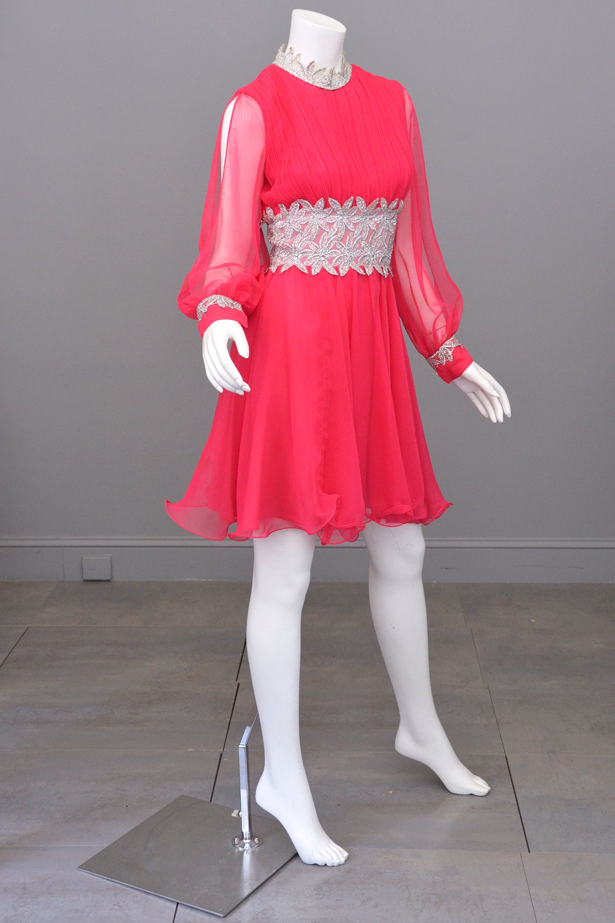 1960s Hot Pink Chiffon Party Dress with Silver Lamé Waistline | Disco 1960s Hot Pink Chiffon Party Dress with Silver Lamé Waistline | Disco