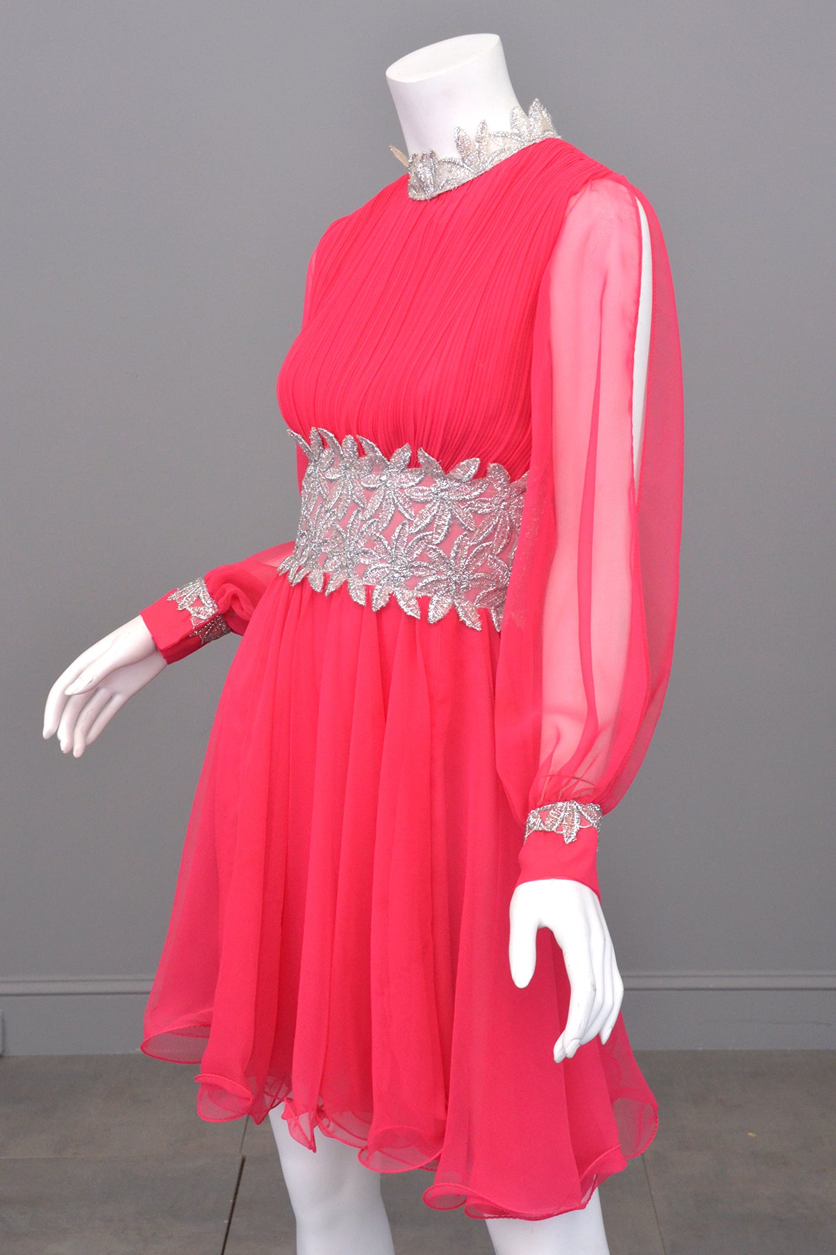 1960s Hot Pink Chiffon Party Dress with Silver Lam Waistline | Disco | VintageVirtuosa 1960s Hot Pink Chiffon Party Dress with Silver Lam Waistline | Disco | VintageVirtuosa