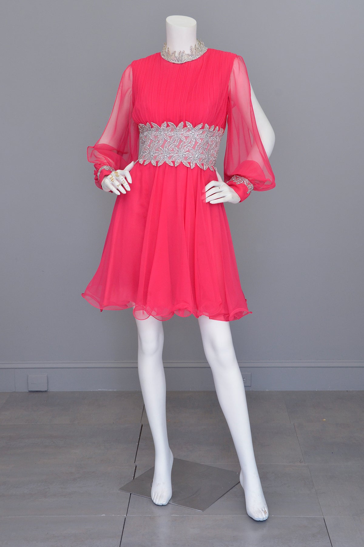 1960s Hot Pink Chiffon Party Dress with Silver Lamé Waistline | Disco Dress