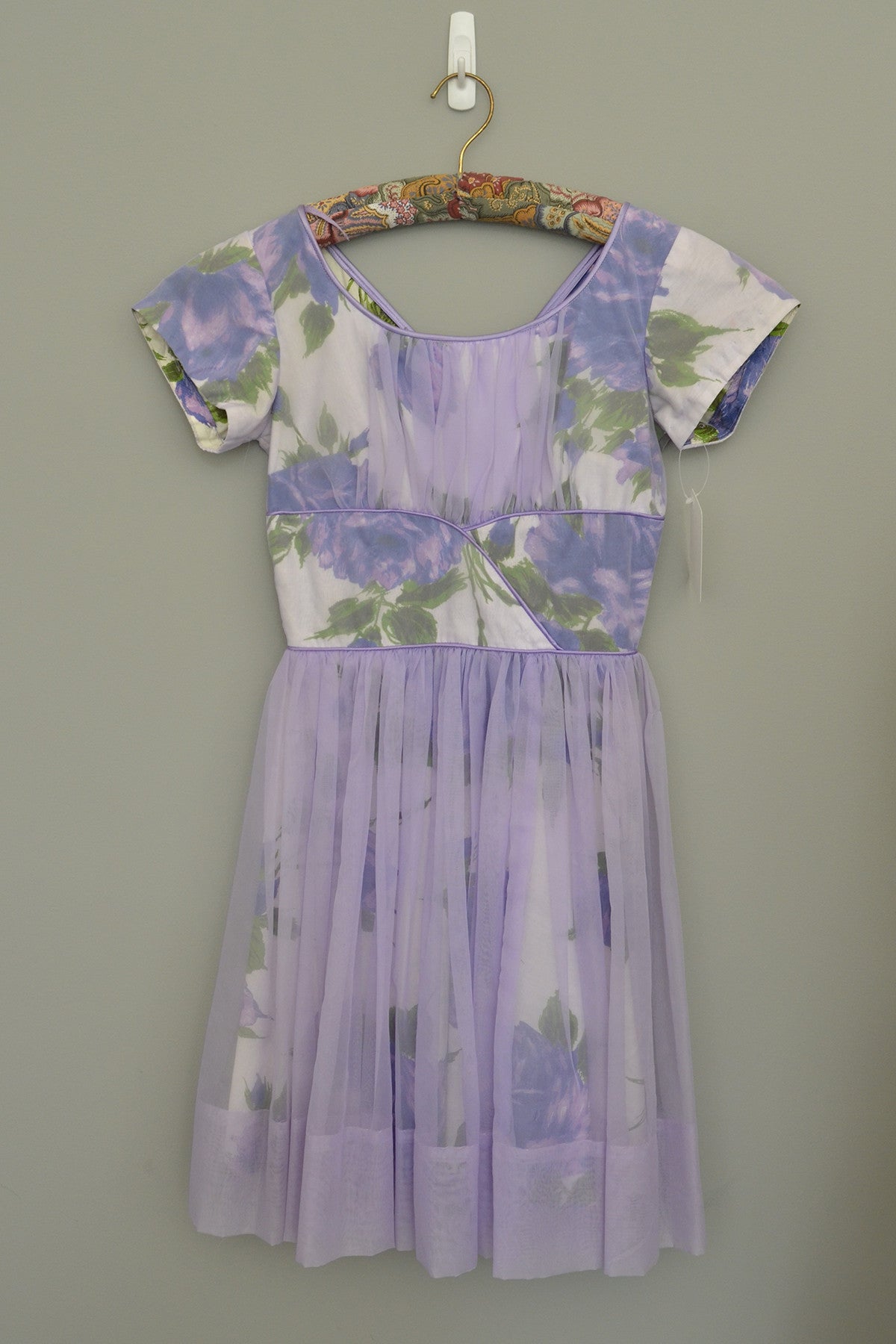 RESERVED 1960s Lavender Floral Print Chiffon Overlay Party Dress