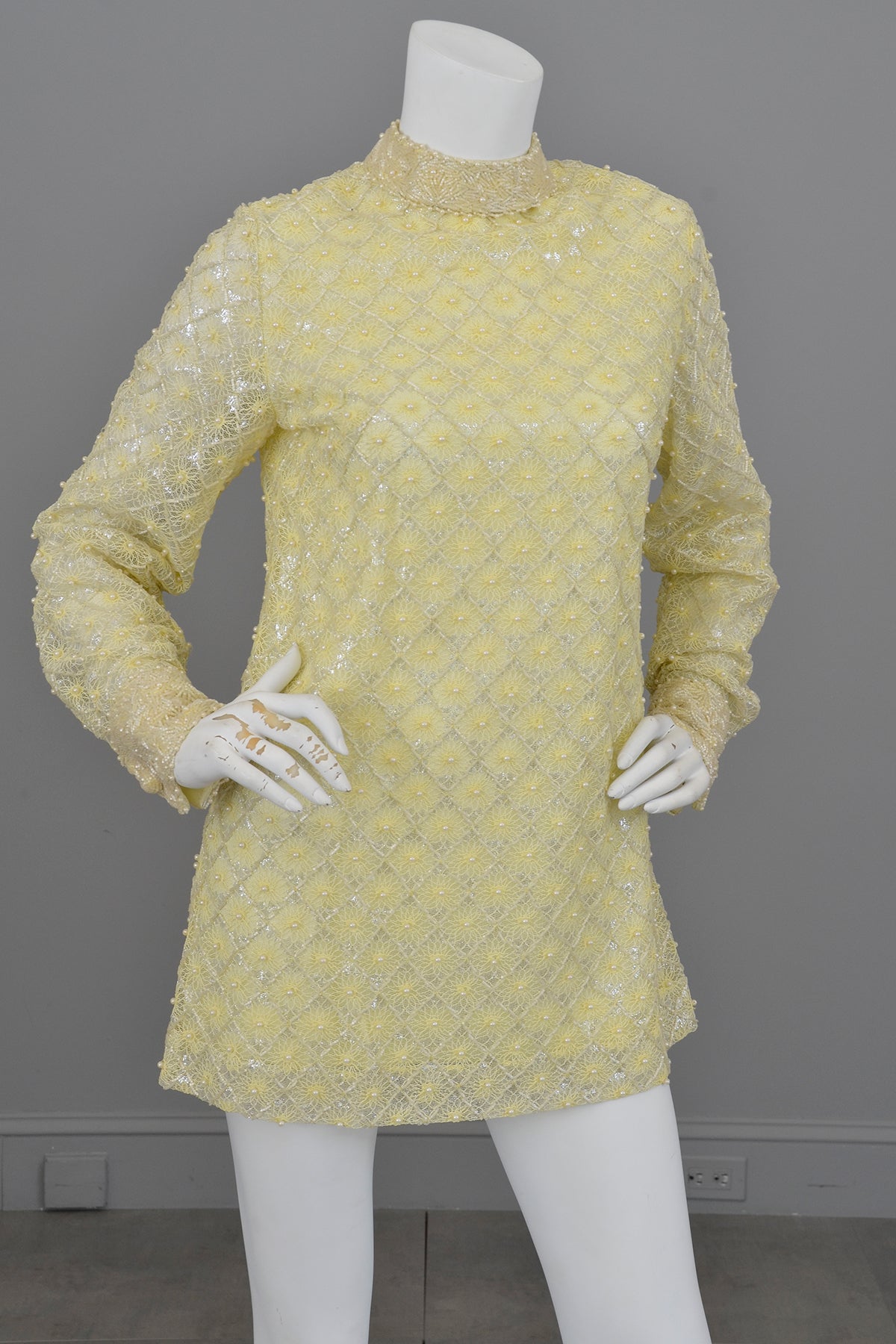 1960s Pale Yellow Beaded Micro Mini Go Go Dress Tunic | Twiggy Dress