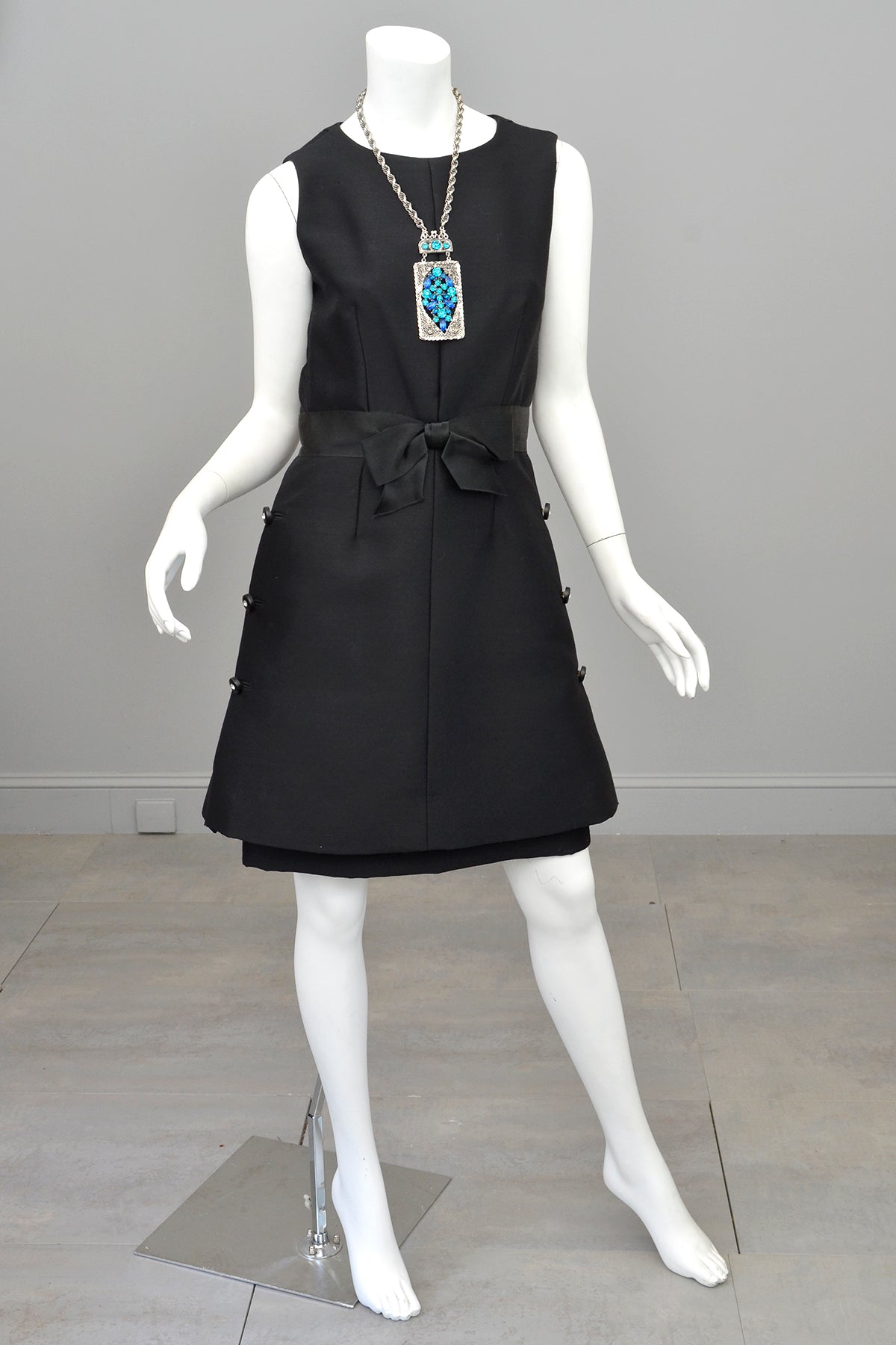 1960s MOD Little Black Dress with Crystal Buttons and 'Peplum' Skirt