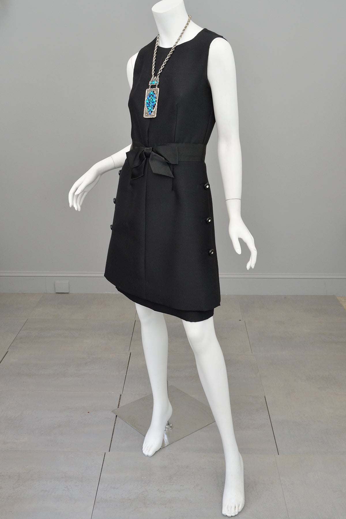 1960s MOD Little Black Dress with Crystal Buttons and 'Peplum' Skirt