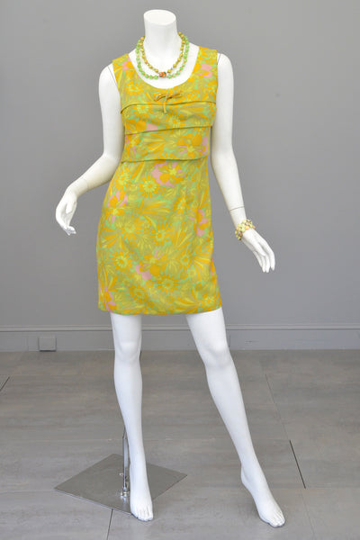 1960s 70s Neon Citrus Tiered Mini Gogo Dress Twiggy Dress