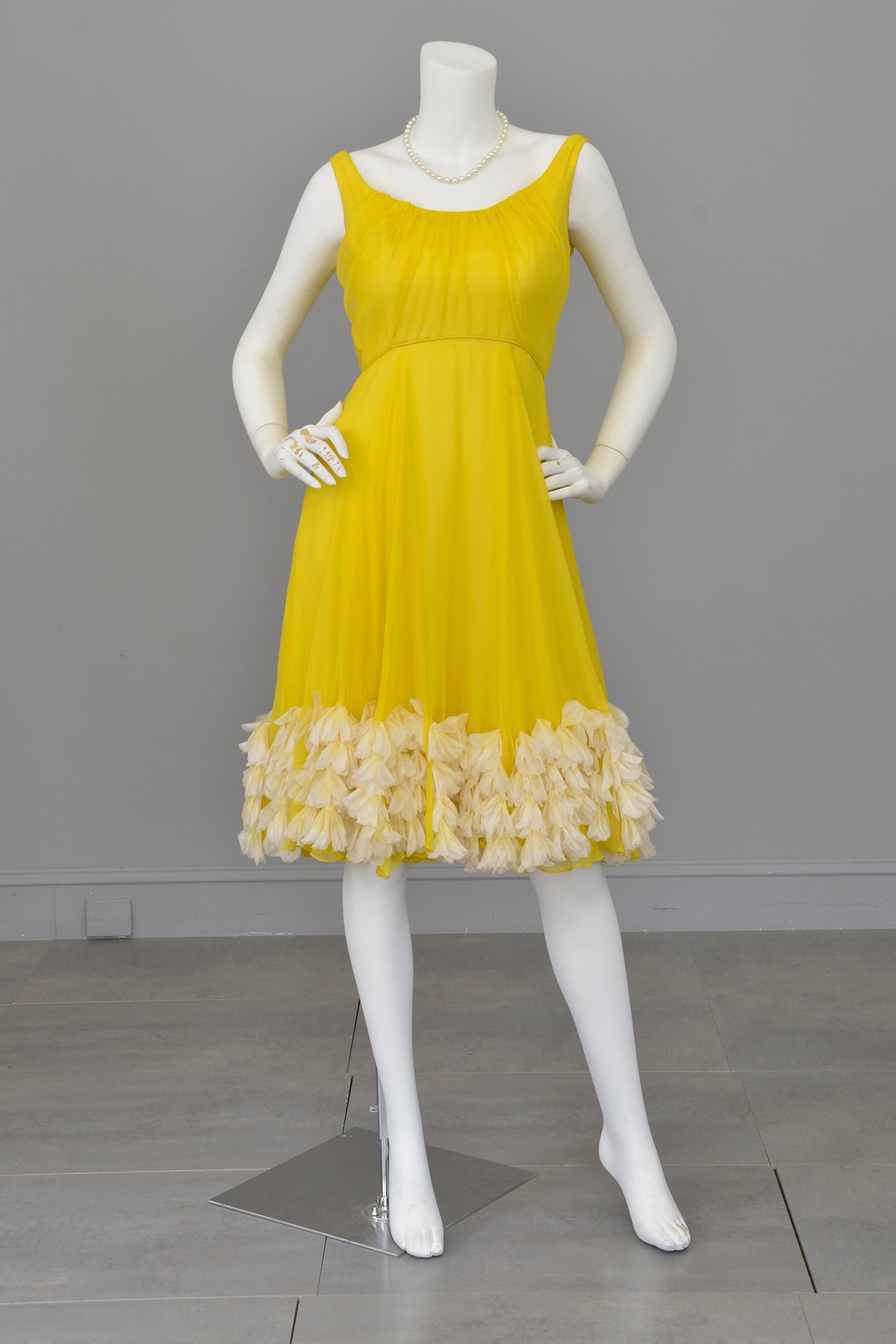 1960s party dress 1960s Frothy and Sunny Chiffon Party Dress w amazing Petals at the hem