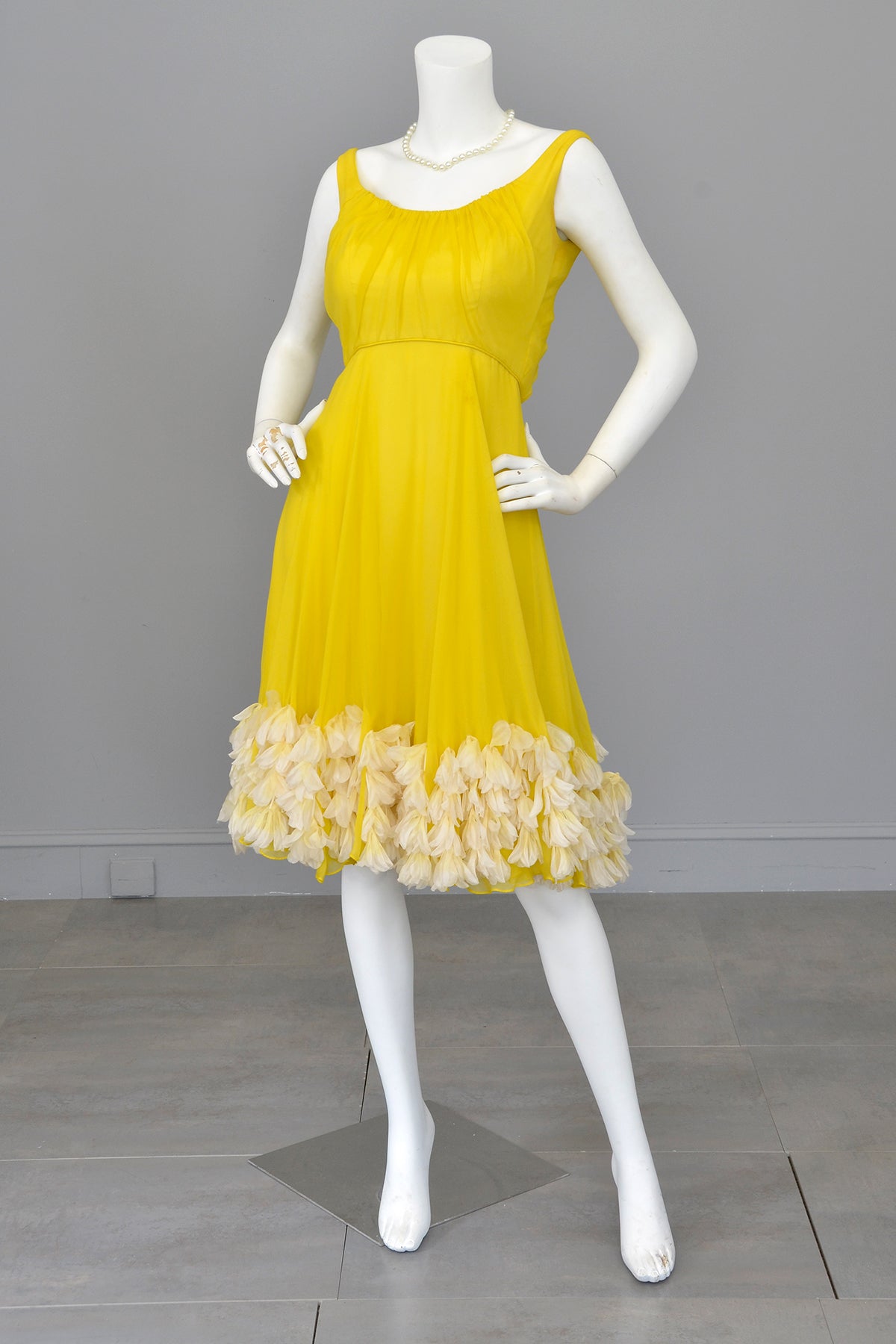 1960s Frothy and Sunny Chiffon Party Dress w amazing Petals at the hem 1960s Frothy and Sunny Chiffon Party Dress w amazing Petals at the hem