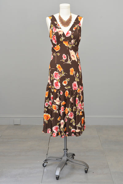 1970s or 90s doing 30s Brown Floral Print Bias Style Dress